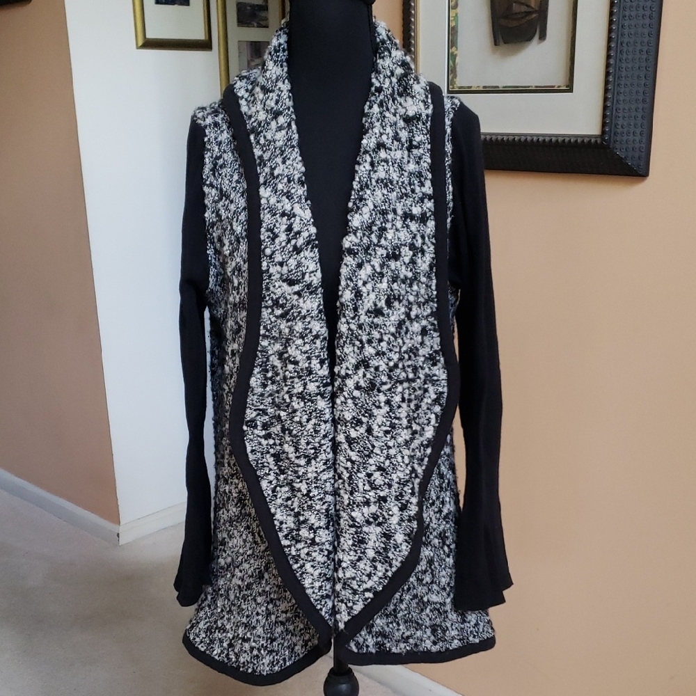 INC International Concepts Black and White Boucle Tweed Open Front Cardigan